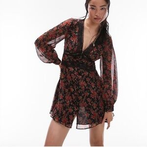 NWT Topshop Black Floral Sheer Long-Sleeve Wrap Mini Dress